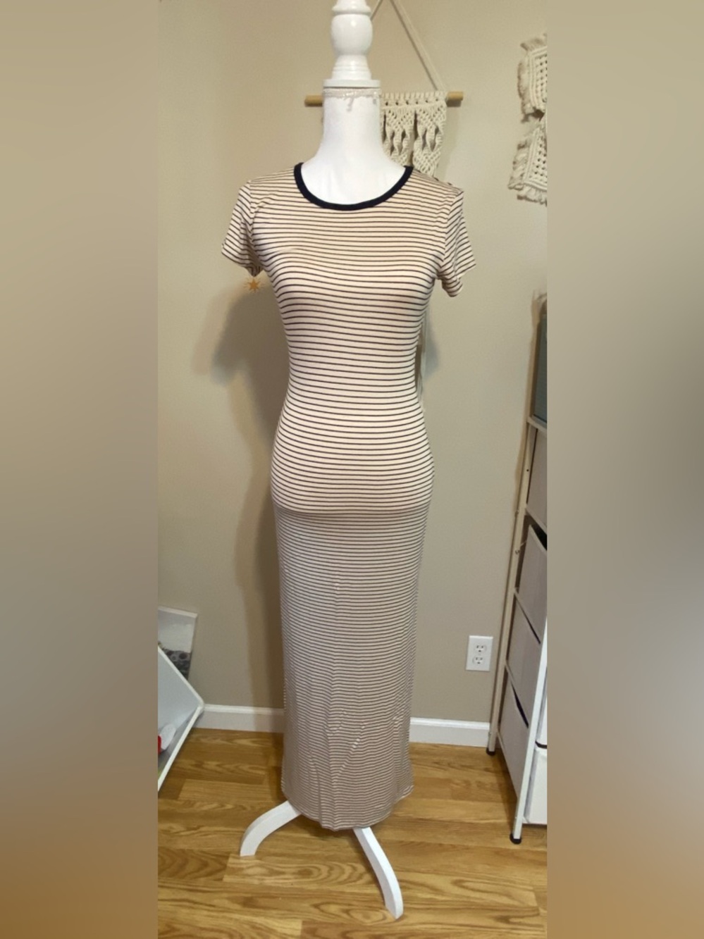 Striped Short-Sleeve Maxi Dress in Cream and Navy